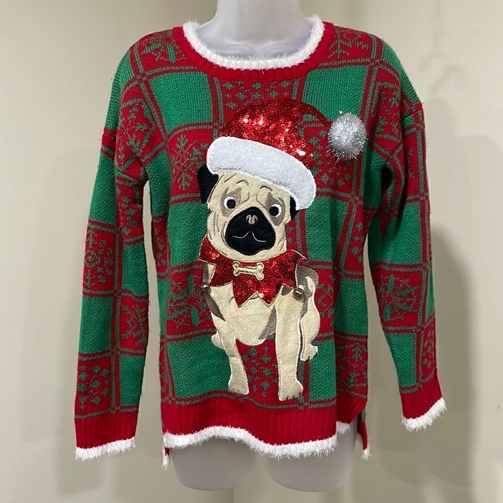 NWOT 33 Degrees Pug Christmas Sequin Bell Sweater.  Size M medium 8/10